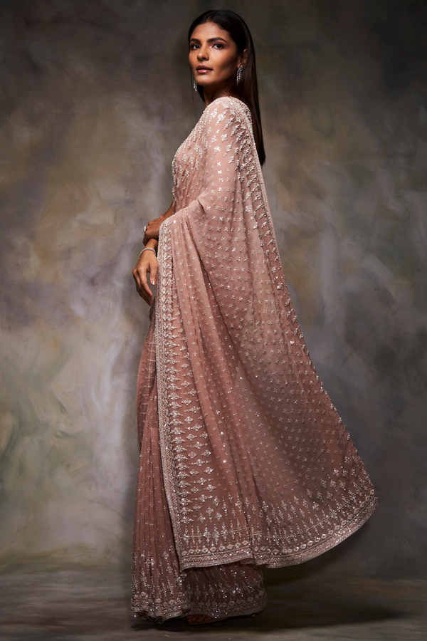Dark Peach Hand Embroidered Saree Set Design by COUTURE BY NIHARIKA at  Pernia's Pop Up Shop 2024